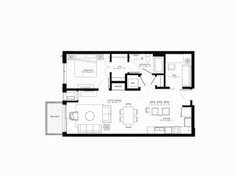 Floor plan for 1 bed, 1 bath, 908 sqft